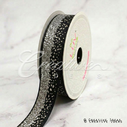 7/8" Glitter Sparkle Sands Grosgrain-10 Yds (Black/Silver)