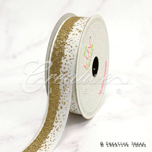 7/8" Glitter Sparkle Sands Grosgrain-10 Yds (White/Gold)