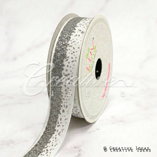 7/8" Glitter Sparkle Sands Grosgrain-10 Yds (White/Silver)