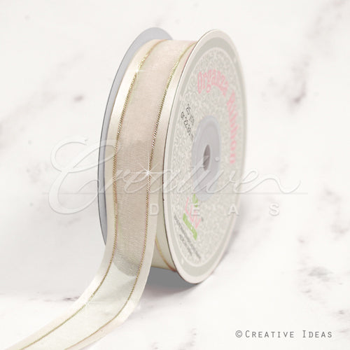7/8" Organza With Satin And Gold Edge Ribbon - 25 Yards (Antique White)