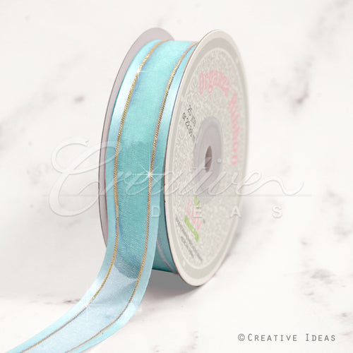 7/8" Organza With Satin And Gold Edge Ribbon - 25 Yards (Aqua)