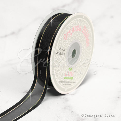 7/8" Organza With Satin And Gold Edge Ribbon - 25 Yards (Black)