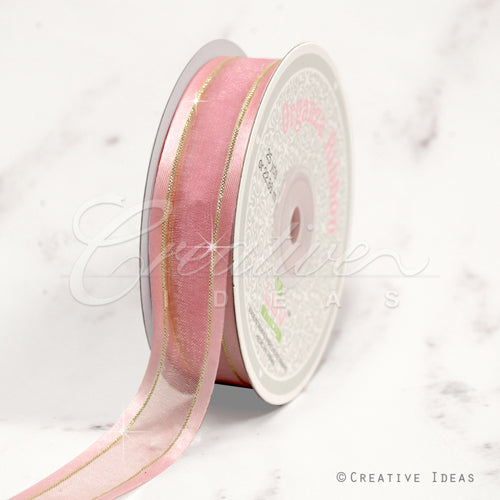7/8" Organza With Satin And Gold Edge Ribbon - 25 Yards (Blush)