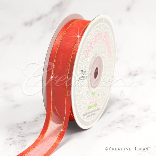 7/8" Organza With Satin And Gold Edge Ribbon - 25 Yards (Coral)