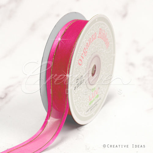 7/8" Organza With Satin And Gold Edge Ribbon - 25 Yards (Hot Pink)