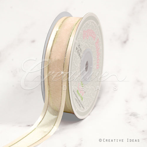 7/8" Organza With Satin And Gold Edge Ribbon - 25 Yards (Ivory)