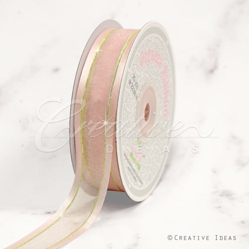 7/8" Organza With Satin And Gold Edge Ribbon - 25 Yards (Light Peach)