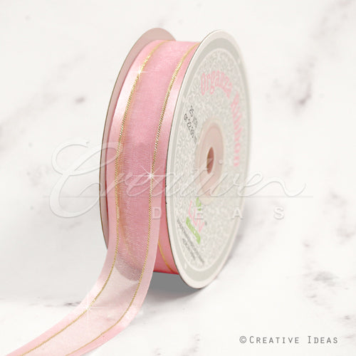 7/8" Organza With Satin And Gold Edge Ribbon - 25 Yards (Light Pink)