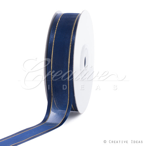 7/8" Organza With Satin And Gold Edge Ribbon - 25 Yards (Navy Blue)