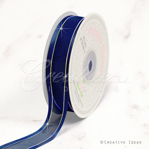7/8" Organza With Satin And Gold Edge Ribbon - 25 Yards (Navy Blue)