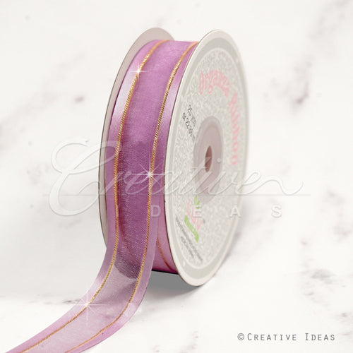 7/8" Organza With Satin And Gold Edge Ribbon - 25 Yards (Rosy Mauve)