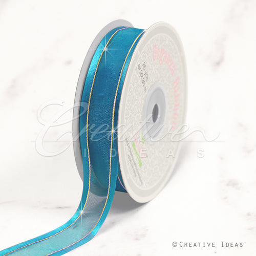 7/8" Organza With Satin And Gold Edge Ribbon - 25 Yards (Turquoise)