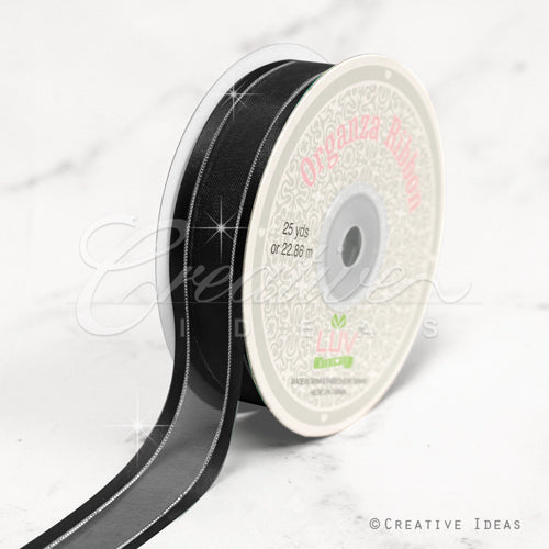 7/8" Organza With Satin & Silver Edge Ribbon - 25 Yards (Black)