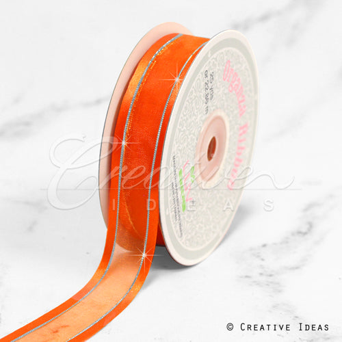 7/8" Organza With Satin & Silver Edge Ribbon - 25 Yards (Orange)