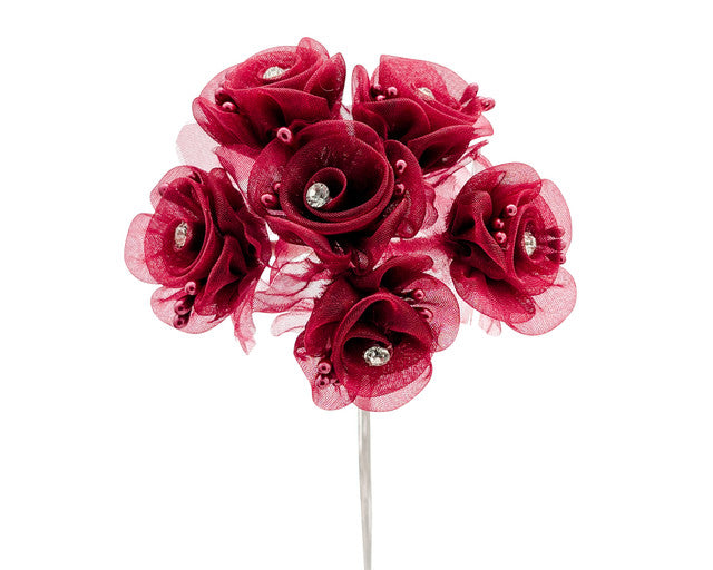 1.5" Burgundy Organza Flowers with Rhinestone - Pack of 72