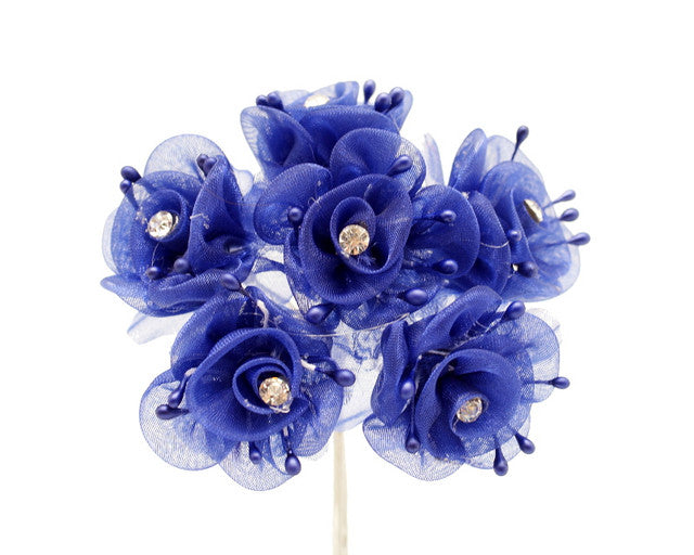 1.5" Royal Blue Organza Flowers with Rhinestone - Pack of 72