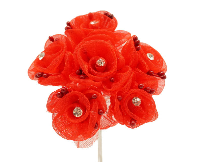 1.5" Red Organza Flowers with Rhinestone - Pack of 72