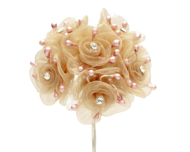 1.5" Tan Organza Flowers with Rhinestone - Pack of 72