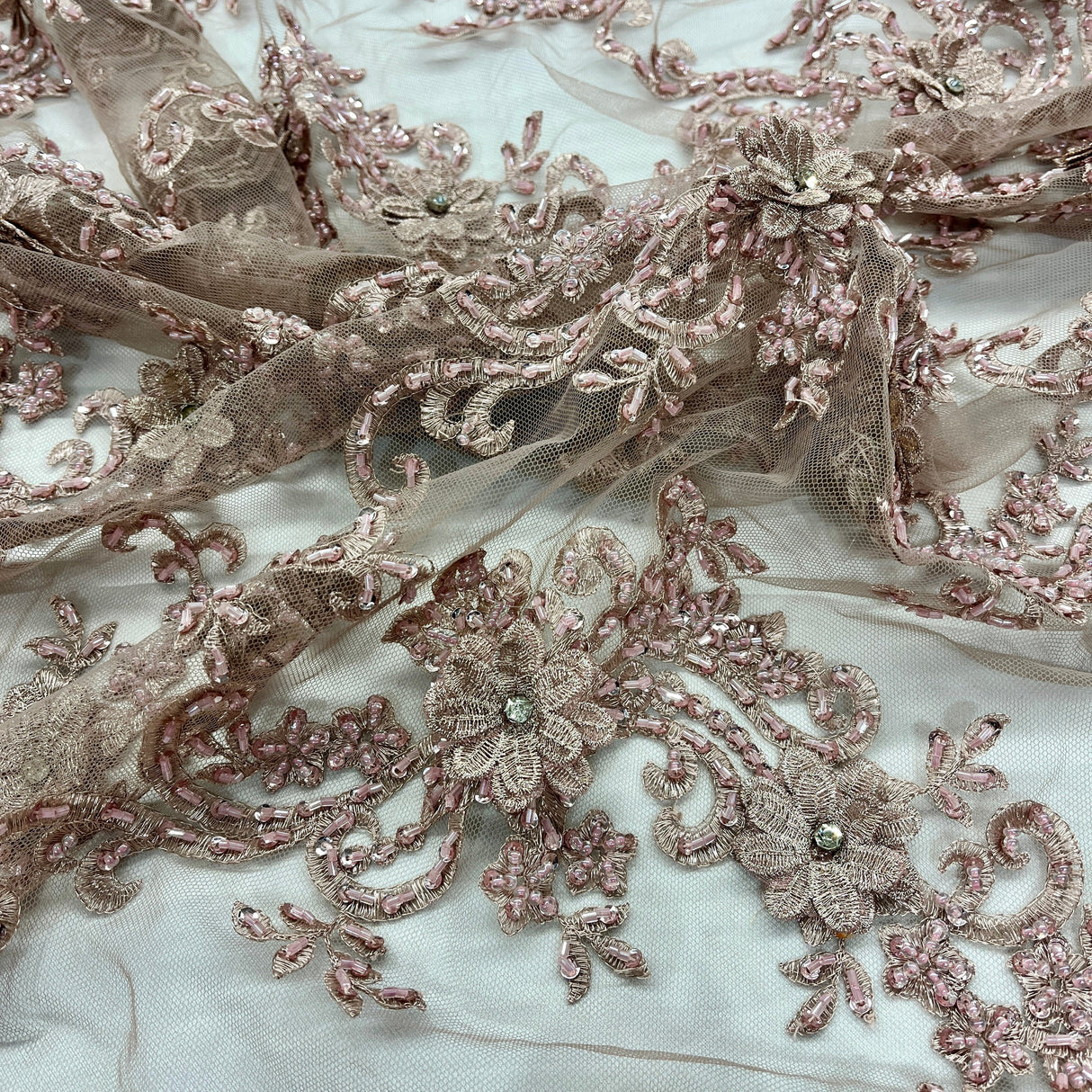 Beaded 3D Floral Lace Fabric - Embroidered 100 Percent Polyester Net Mesh, 3D Floral Beaded Design, 52" Wide (1 Yard)