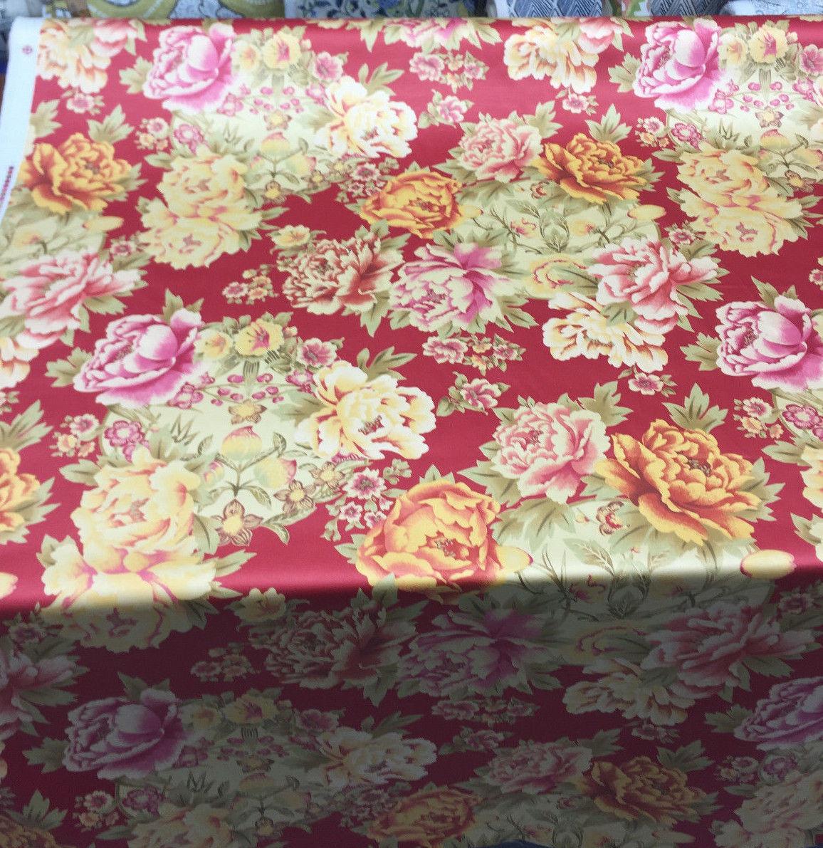Mirabelle Scarlet Cotton Fabric - Yellow, Red Floral Asian Chinoiserie Print, 54" Width (1 Yard)