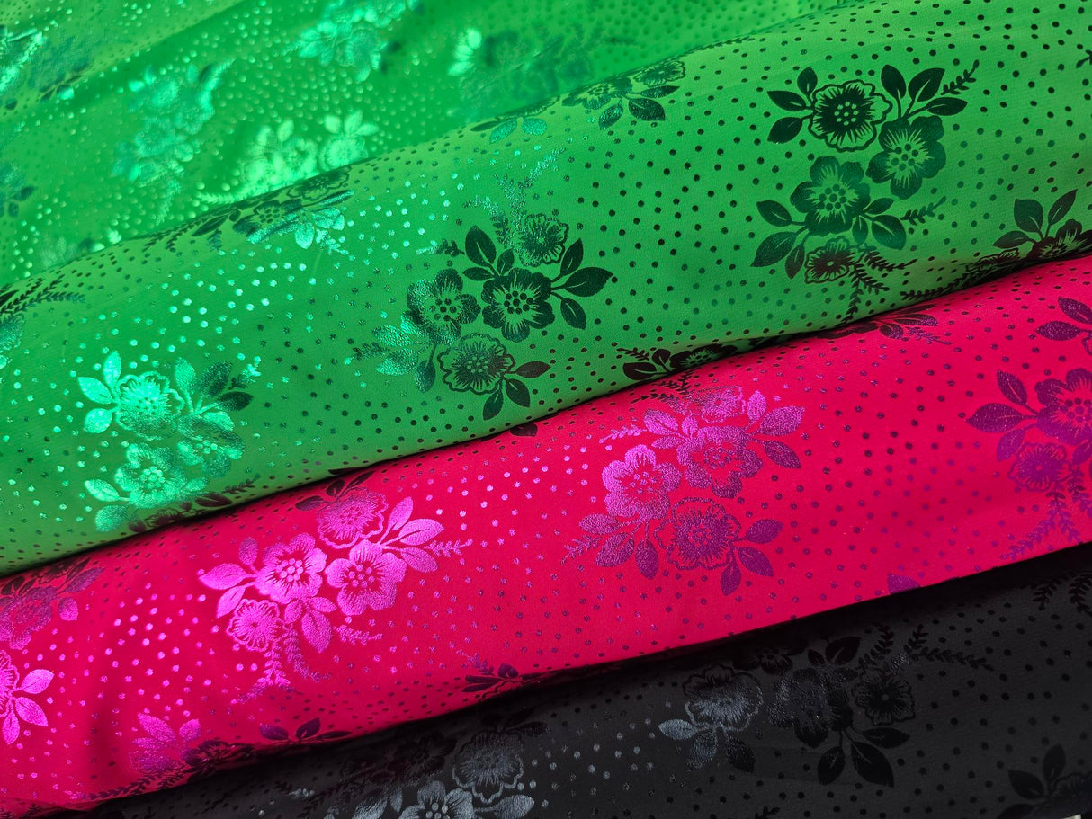 Koshibo Metallic Foil Print Polyester Fabric - Metallic Foil Print, 58/60" Width, Black, Fuchsia, Green (1 Yard)