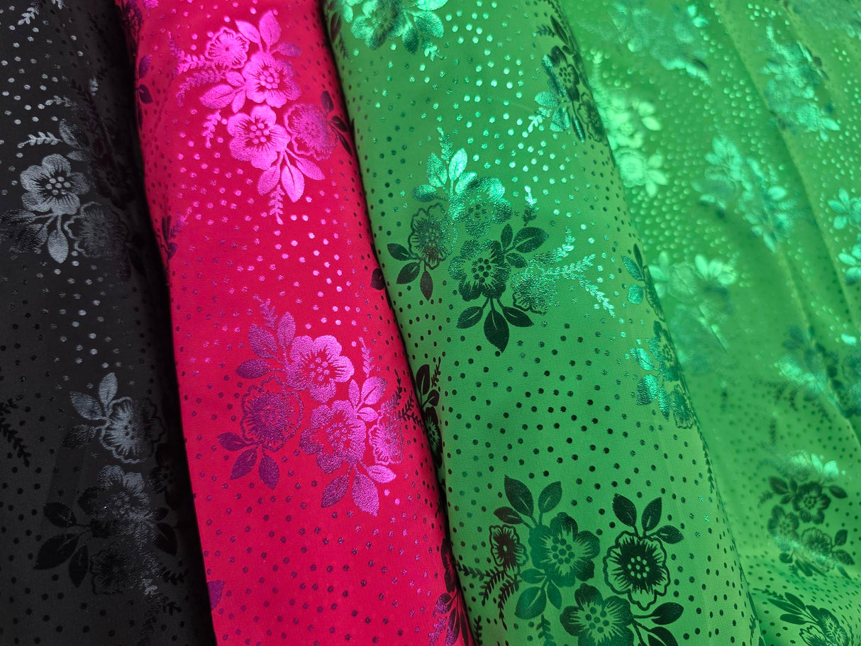 Koshibo Metallic Foil Print Polyester Fabric - Metallic Foil Print, 58/60" Width, Black, Fuchsia, Green (1 Yard)