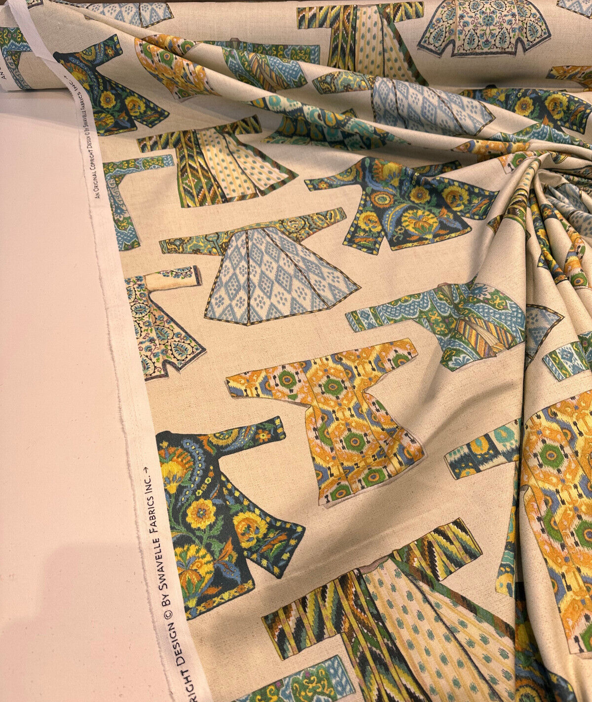 Hanako Duck Jadestone Drapery Upholstery Fabric - Green Blue Orange Yellow Brown On Beige Background, 54" Width (1 Yard)