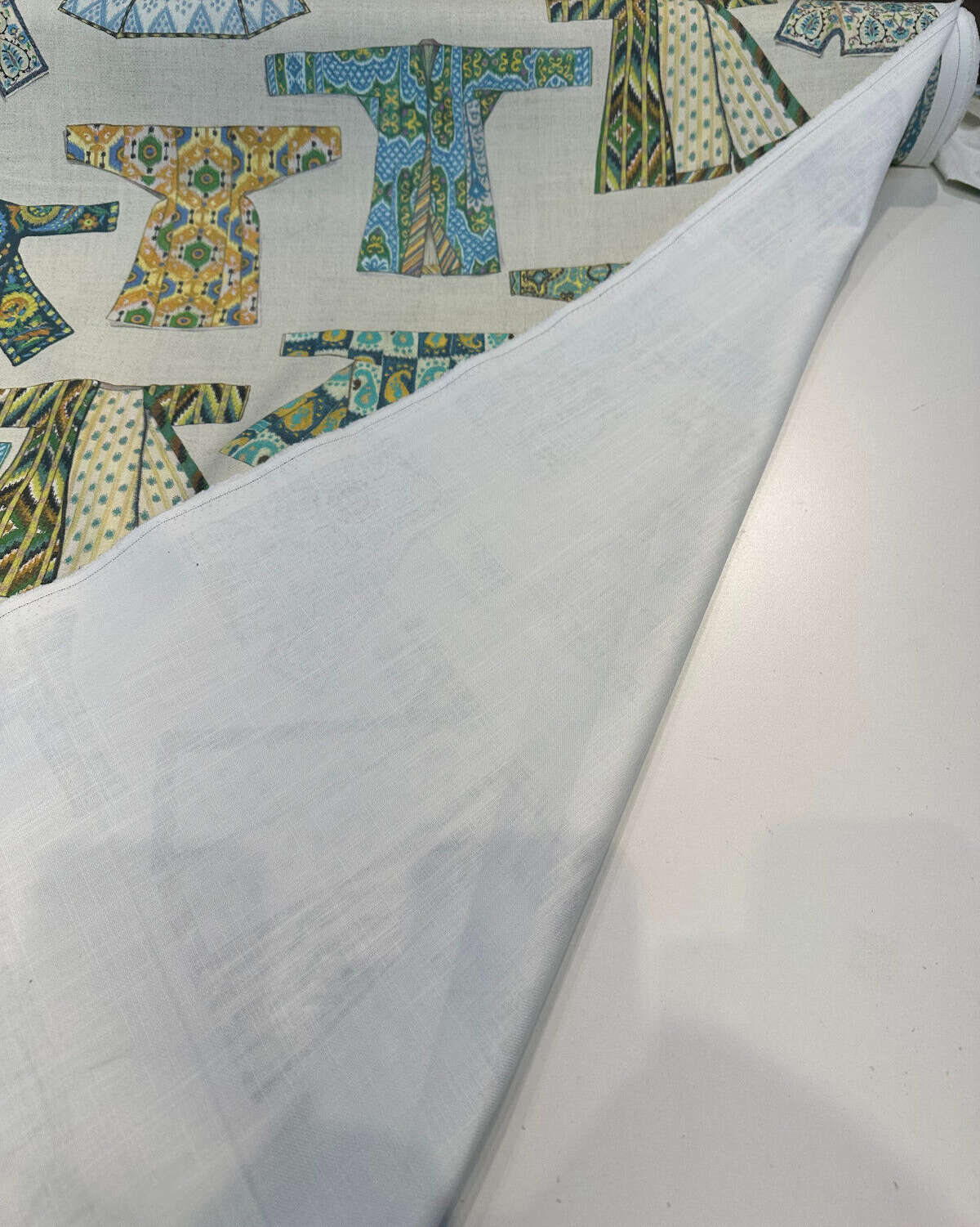 Hanako Duck Jadestone Drapery Upholstery Fabric - Green Blue Orange Yellow Brown On Beige Background, 54" Width (1 Yard)