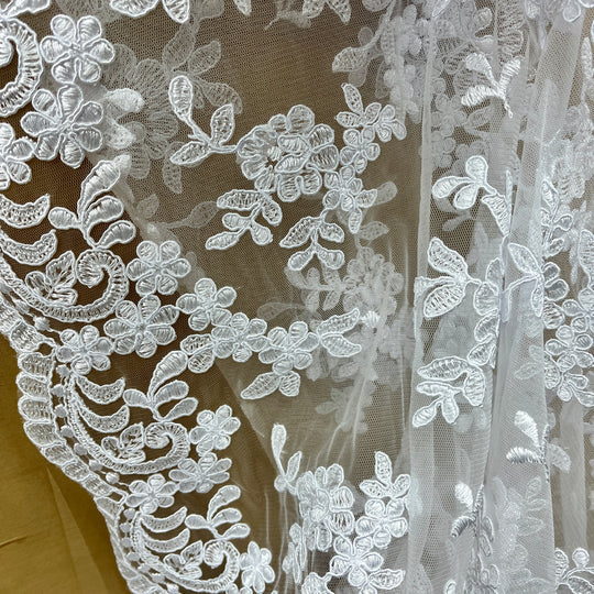 1 Yard Corded Bridal Lace Fabric Embroidered on Polyester Net Mesh 53 inch Width