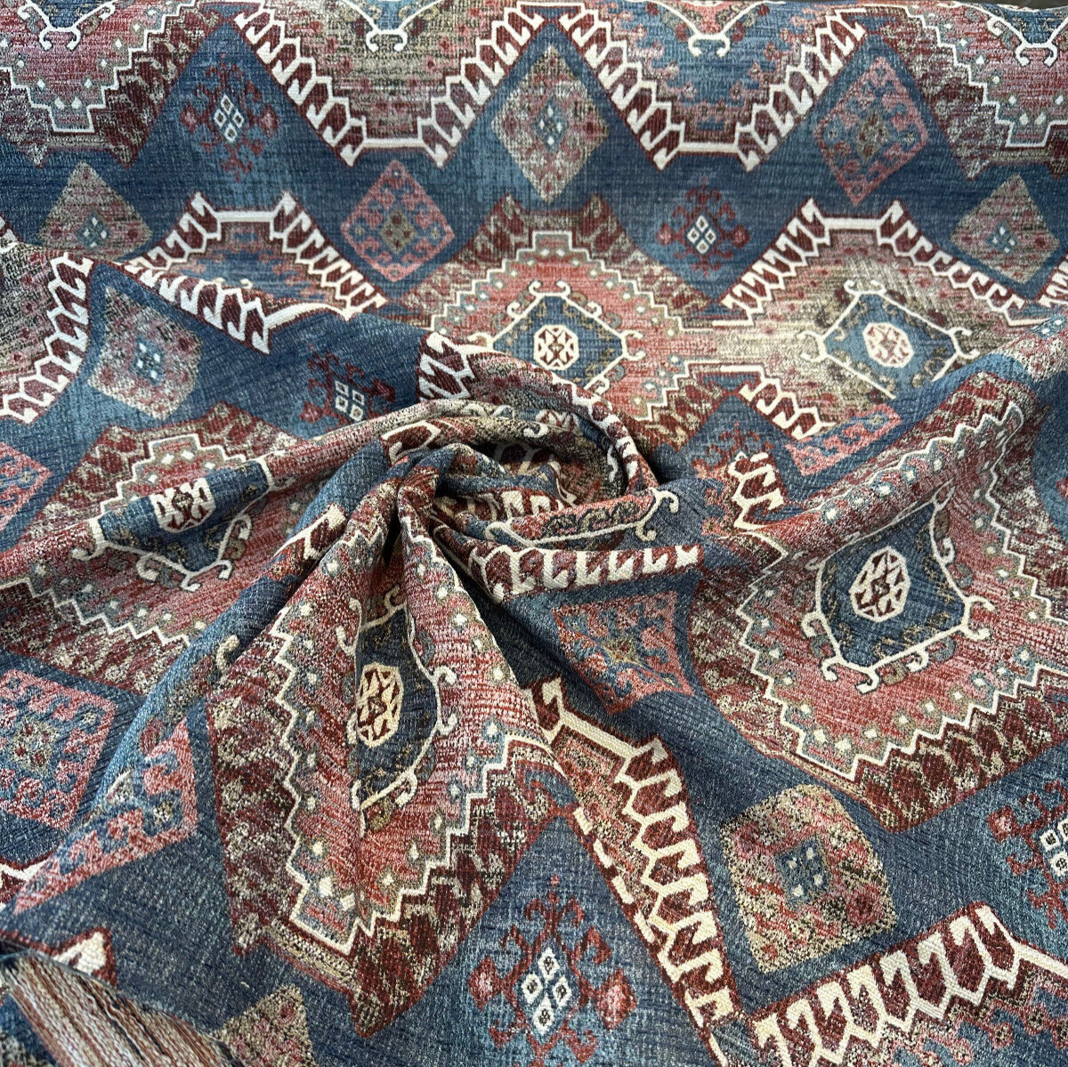 Wild Frontier Patriot Southwest Chenille Chenille Fabric - Patriot Red Blue Beige Ivory With Black Hints, 57" Width (1 Yard)