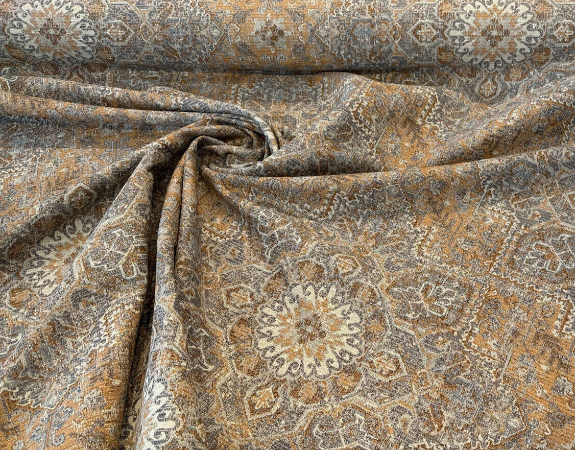 Riggs Sienna Pecan Chenille Fabric - Traditional Damask, Sienna Pecan With Gray And Charcoal, 56" Width (By The Yard)