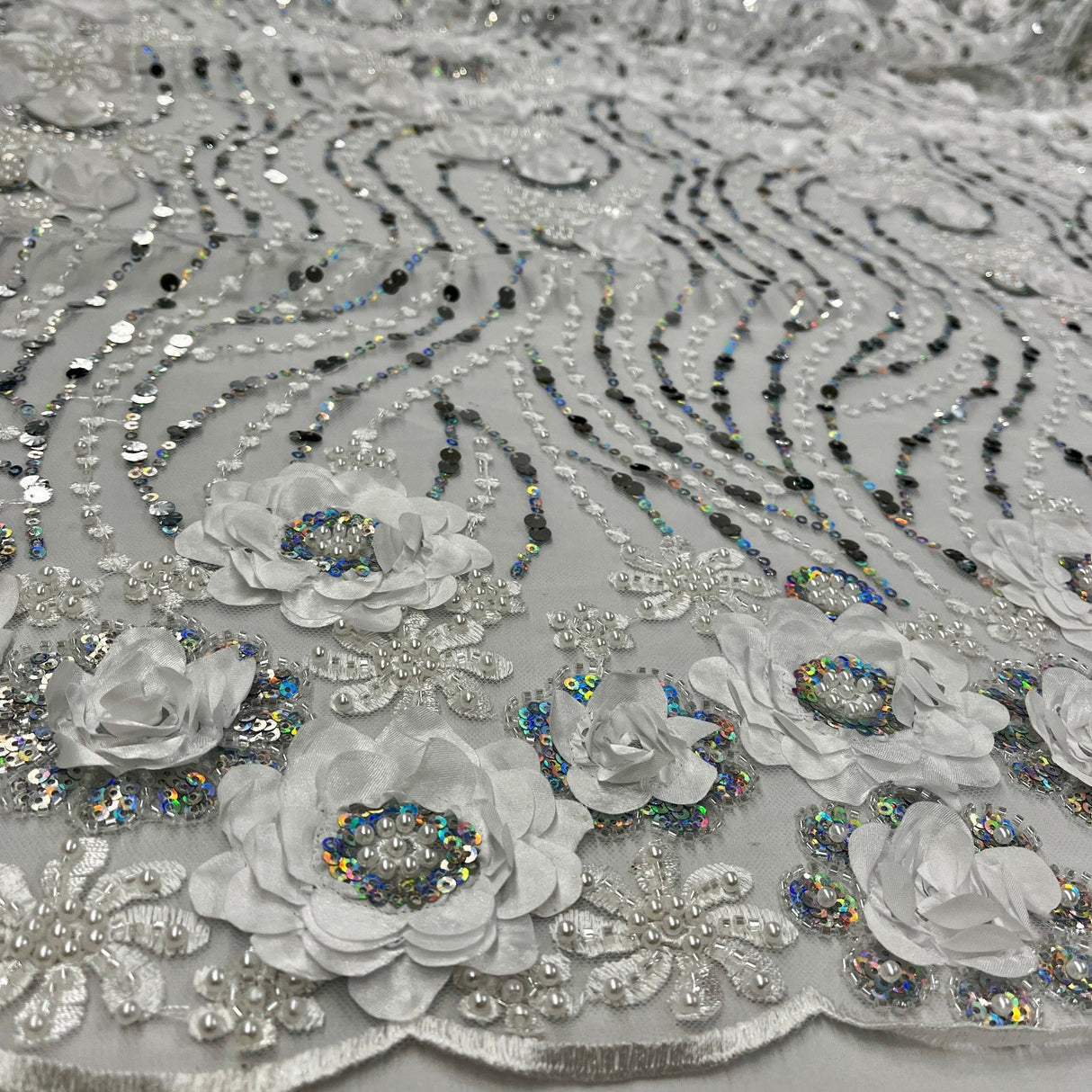 Beaded 3D Floral Lace Fabric