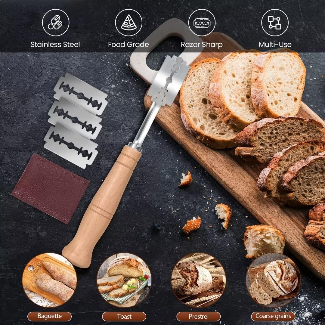 Premium Bread Lame Tool - Hand Crafted Bread Lame Dough Scoring Tool - Easy to Lame Bread & Clean - Stainless Steel Sourdough Scoring Tool - Bread Scoring Tool with Leather Cover(5 Blades)