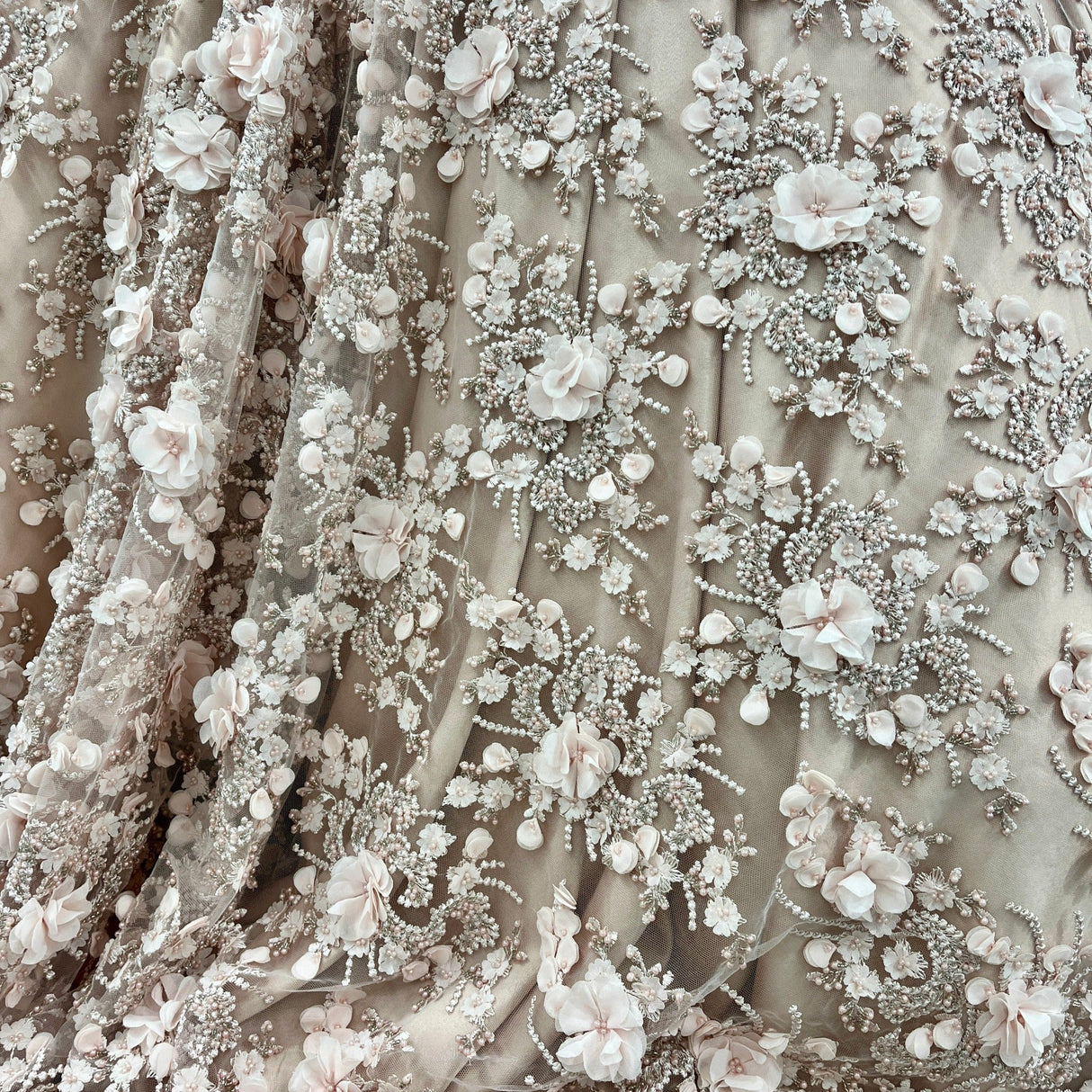 Beaded 3D Floral Lace Peach Mesh