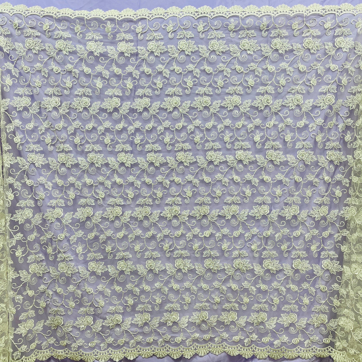 1 Yard Exquisite Ivory Silver Beaded Corded Bridal Lace Fabric on Net Mesh 52 inch Width