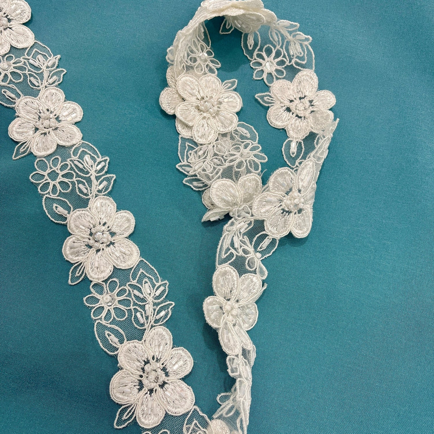 1 Yard Beaded & Corded Embroidered Lace Trim 2" Wide 100% Polyester Floral Scalloped Edge