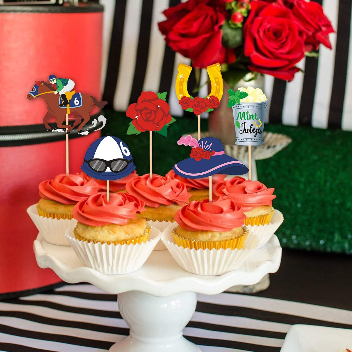 Kentucky Derby horse race-themed food & cupcake 24 piece topper picks set