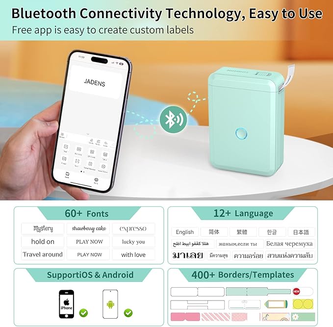 JADENS Label Maker Machine with Tape, D110 Portable Bluetooth Label Printer for Storage, Barcode, Mailing, Office, Home, Organizing, Sticker Maker Mini Label Maker