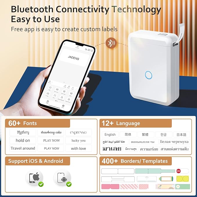 JADENS Label Maker Machine with Tape, D110 Portable Bluetooth Label Printer for Storage, Barcode, Mailing, Office, Home, Organizing, Sticker Maker Mini Label Maker