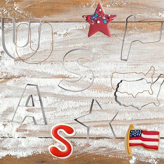 6 PCS Patriotic Metal Cookie Cutters, Labor Day USA Words American Flag Map Cutter Mold for Kitchen Baking Patriotic Party Stainless Steel Biscuits Cutters for Veterans Day Home Baking Gifts
