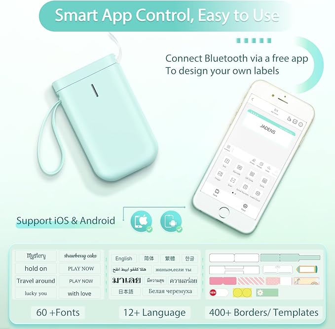 JADENS Label Maker Machine, D11 Portable Bluetooth Printer for Labeling, Home, Office, Organization, Mini Label Maker Machine