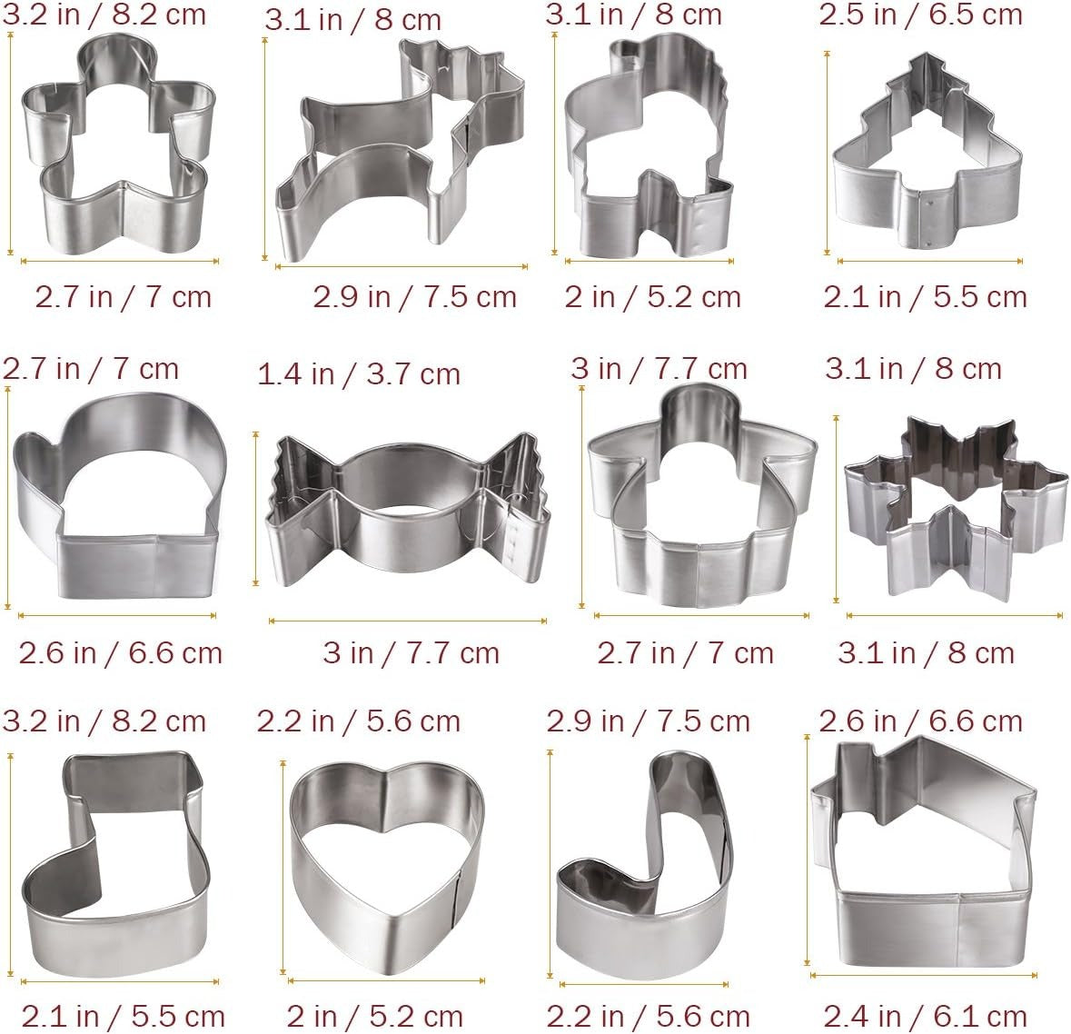 Christmas Cookie Cutters Set – 12 Pcs Gingerbread Men Christmas Tree Snowflake Candy Cane Stocking Mitten