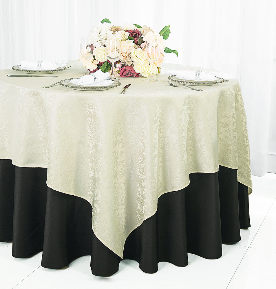 Square Table Overlay Floral Damask Jacquard Polyester 72x72 Ivory