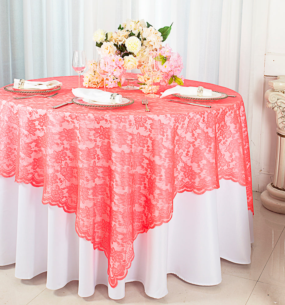 Square Lace Table Overlay 72x72 Coral