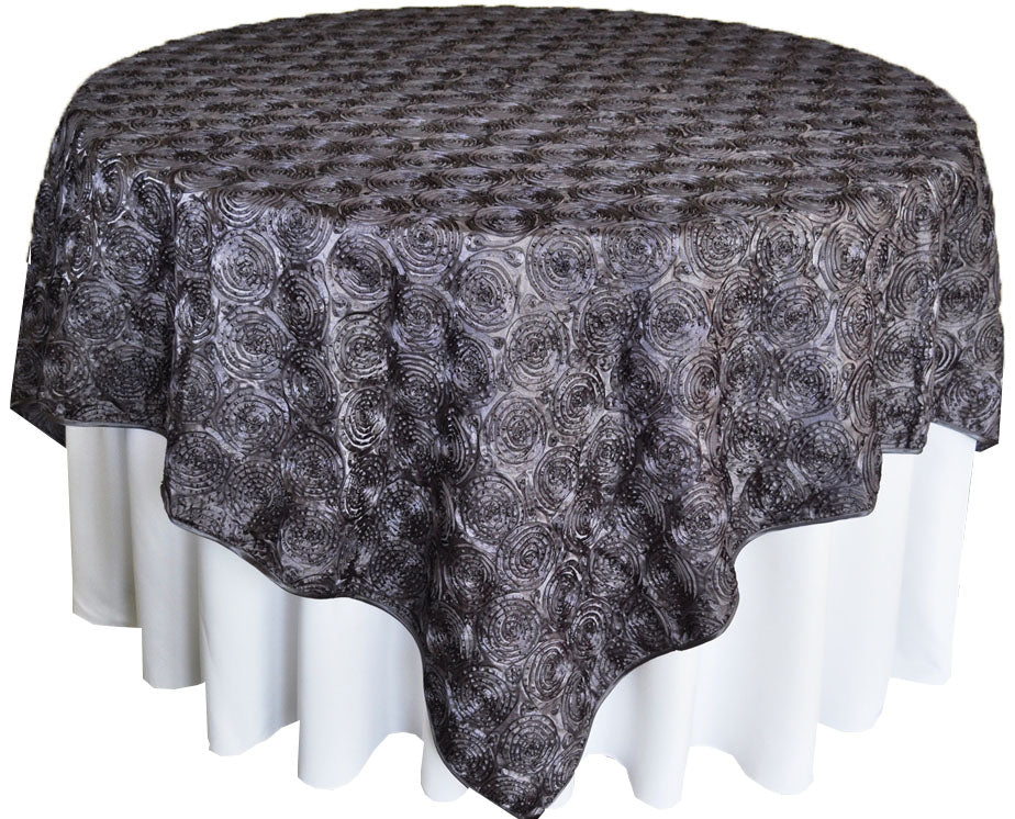 Square Satin Rosette Table Overlay 72x72 Pewter/Charcoal