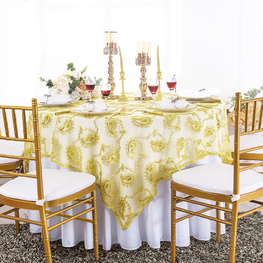 Square Paisley Embroidered Sequin Lace Table Overlay