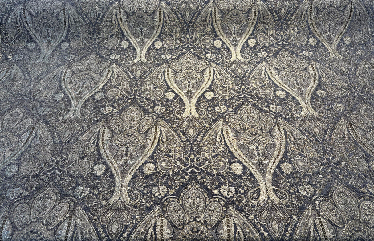 Iradessa Slate Chenille Fabric - Charcoal Background With Golden Ivory Damask, 58" Width (1 Yard)