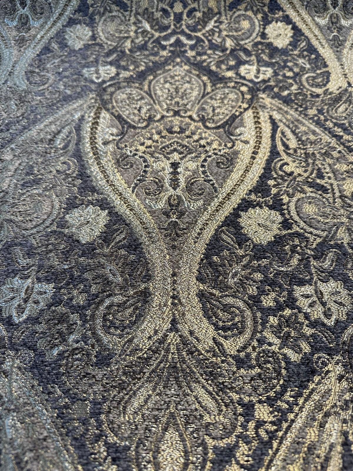 Iradessa Slate Chenille Fabric - Charcoal Background With Golden Ivory Damask, 58" Width (1 Yard)