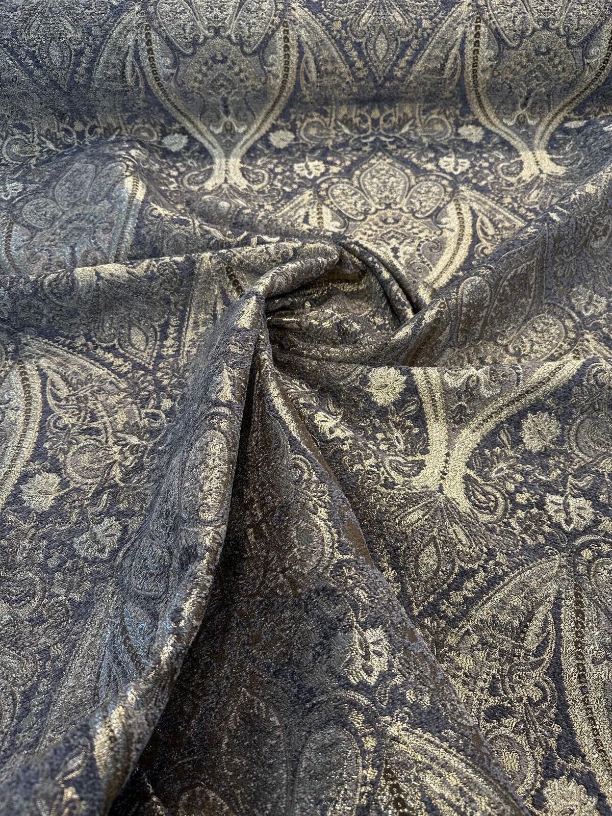 Iradessa Slate Chenille Fabric - Charcoal Background With Golden Ivory Damask, 58" Width (1 Yard)