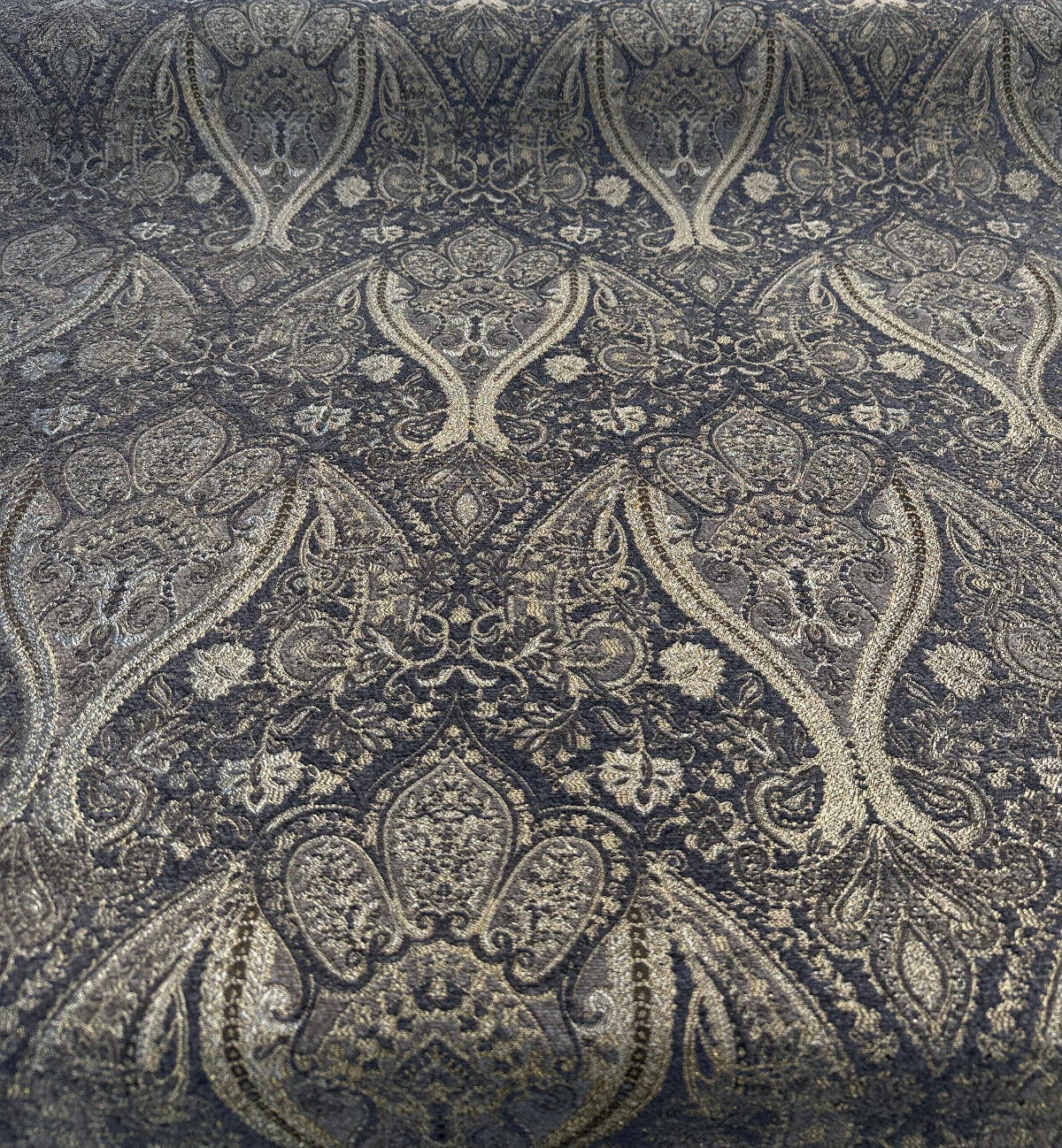 Iradessa Slate Chenille Fabric - Charcoal Background With Golden Ivory Damask, 58" Width (1 Yard)